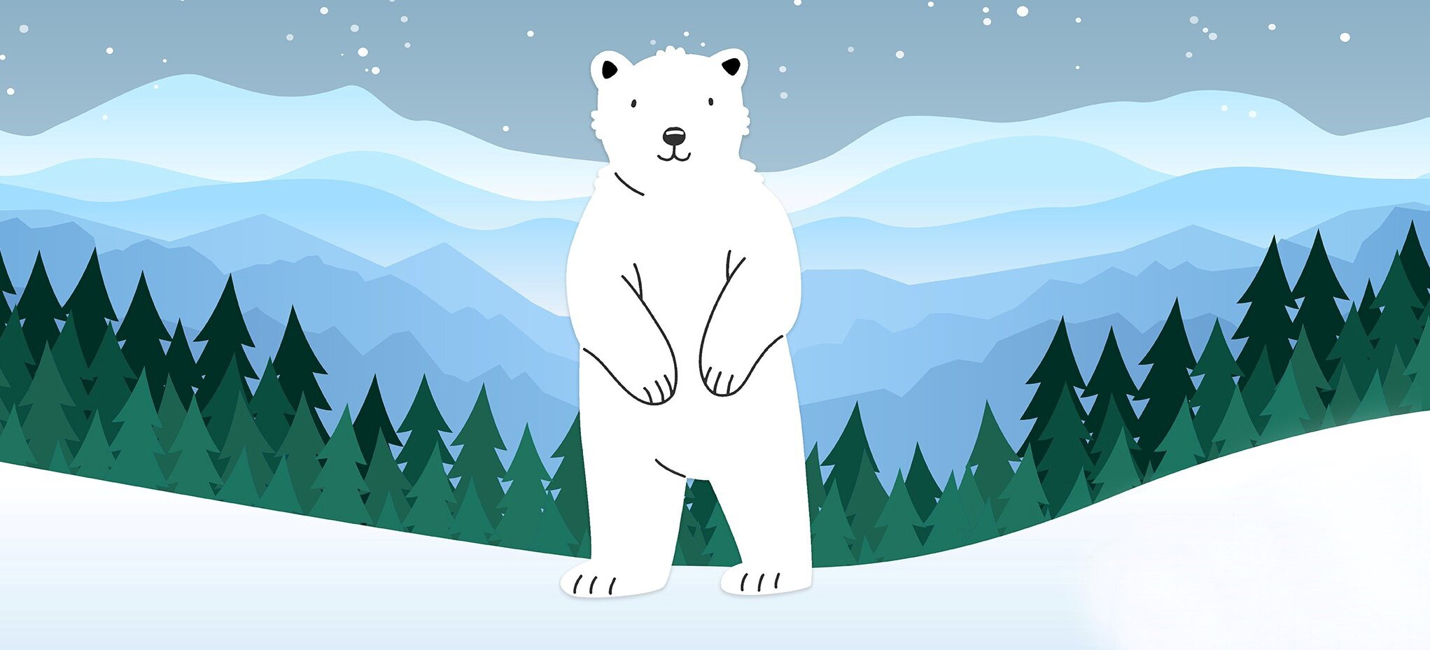 Comic-Eisbär steht vor Wald und Bergen